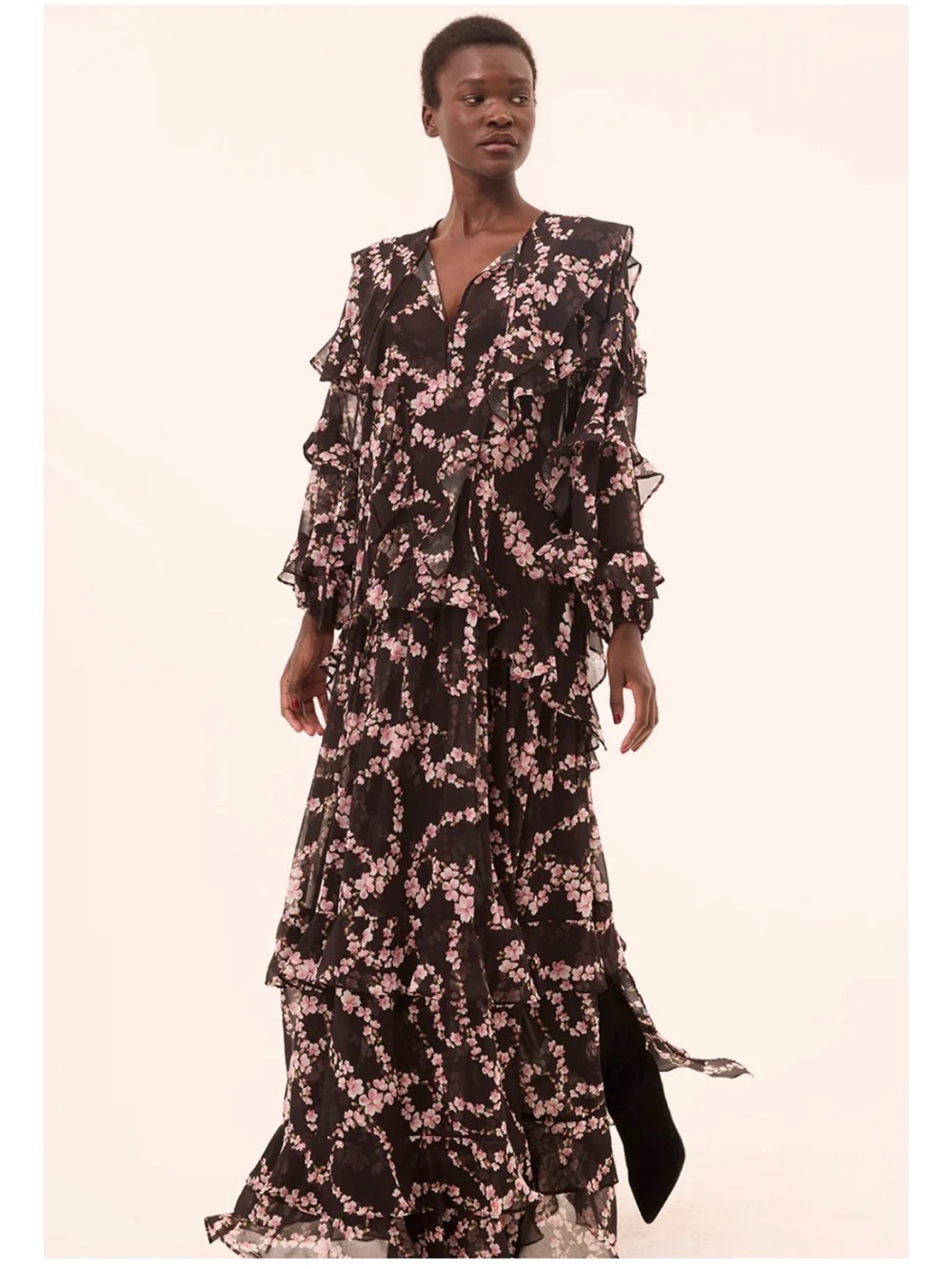 Misa Los Angeles Greta Black Maxi Dress with Pink Floral Print